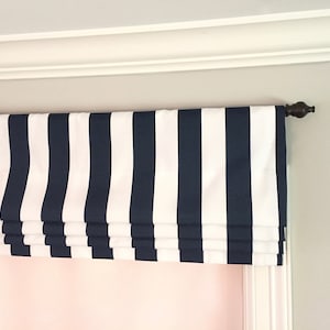 Faux (fake) flat roman shade valance.  Custom Sizing.  Premier Prints Indoor/Outdoor Stripe Oxford/Blue/White Fabric.