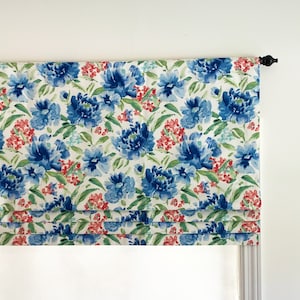 Faux (fake) flat roman shade valance.  Custom Sizing. Waverly Spring Forth Cotton Bluebell.