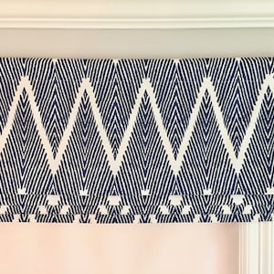 Faux (fake) flat roman shade valance. Custom Sizing. Lacefield Bali Chevron Navy Chalk.