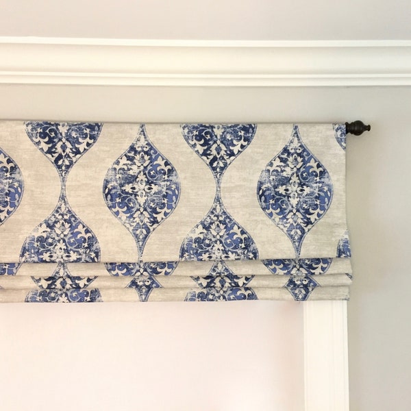 Faux Roman Shade.  Blue and Beige.  Custom Sizing.  More Colors Available.  Magnolia Home Fashions Romano Ocean.