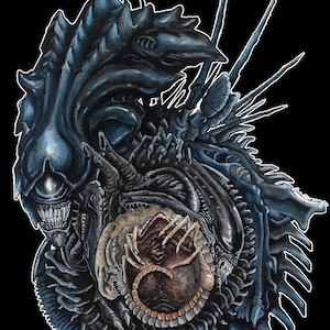 May include: A watercolor illustration of a Xenomorph from the Alien franchise. The creature is depicted in a dark blue and black color scheme, with a menacing expression and sharp teeth. The Xenomorph is shown in a curled position, with its tail wrapped around its body. The illustration is set against a black background.