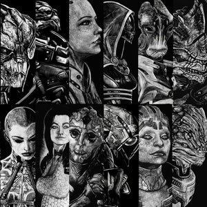 May include: A black and white digital art collage of characters from the Mass Effect video game series. The characters are depicted in a realistic style, with detailed facial features and expressions. The collage includes both human and alien characters, including Commander Shepard, Garrus Vakarian, and Tali'Zorah nar Rayya.