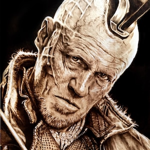 May include: A close-up portrait of a man with a weathered face and a distinctive hairstyle. He is wearing a brown leather jacket with a textured pattern. The image is rendered in shades of brown and white, creating a vintage aesthetic.