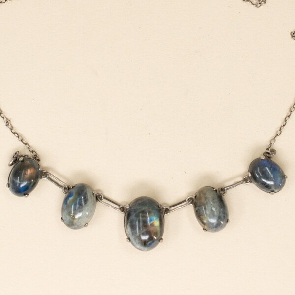 Antique Sterling Labradorite Necklace - 1920s Sterling Fringe Necklace