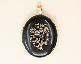 Antique 14k Black Enamel Pearl Locket - 1890s Victorian Celestial Locket, Star & Pearl Locket