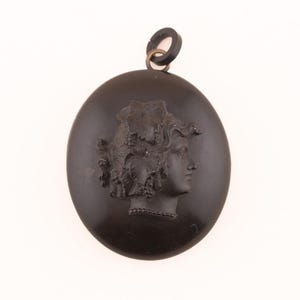 Antique Gutta-percha Cameo Locket - 1860s Victorian Locket, Carved, Mourning Jewelry