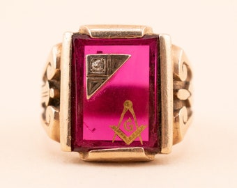 Classic Vintage 10k Ruby Signet Ring - 1960s Mid Century Signet Ring, Freemasons