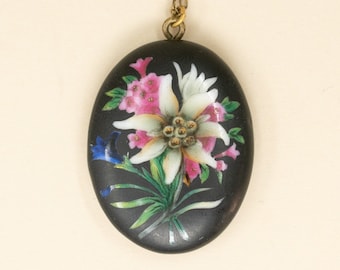 Antique porcelain Flower Locket -1880s Victorian Locket, Unusual Estate Jewelry