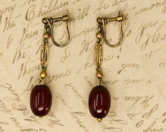 Vintage 9k & Bakelite Drop Earrings - 1930s Screwback Earrings, Gold and Bakelite