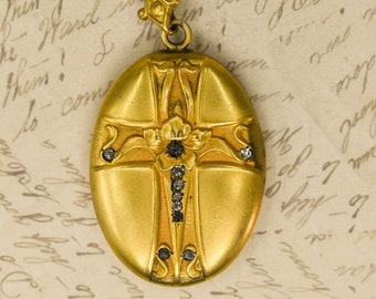 Antique Locket, Gold Filled, Flowers & Cross Locket - 1900 Edwardian Locket, Religious Jewelry, Free Shipping