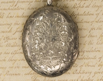 Antique Sterling Locket, Huge & Beautifully Engraved - 1890s Victorian Locket with Tintypes