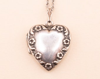 Vintage Sterling Heart Locket - 1930s Art Nouveau Style Locket, Floral Motif