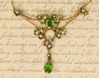 Antique 10k Lavalier, Seed Pearls & Green Paste - 1910s Edwardian Statement Necklace