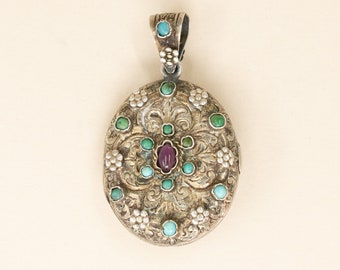 Antique Sterling Silver Garnet & Turquoise Austro Hungarian - 1880s Victorian Gemstone Locket, Floral Motif