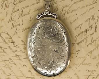 Large Vintage Sterling Locket - 1950s Mid Century Locket, Sweetheart Locket