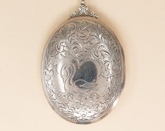 Vintage Sterling Locket, Massive Swan Locket - 1950s Classic Sterling Locket, Free Shipping