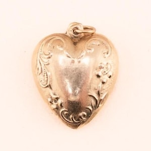 Antique 14k Gold Puffy Heart Pendant - Art Nouveau Floral Charm