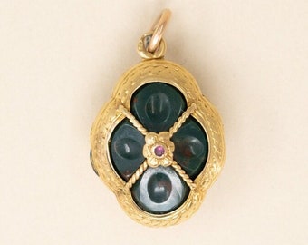 Antique 18k Locket, Bloodstone & Gold - 1890s Victorian French Bloodstone Flower Locket