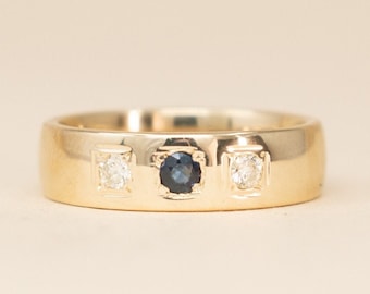 Vintage 10k Diamond & Sapphire Ring, Flush Set Gemstone Ring -  Chunky Gold Stacking Ring, September Birthstone