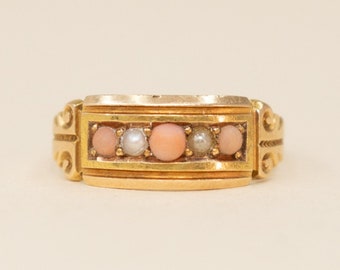 Antique 15k Coral & Pearl Ring - 1887 Victorian Stacking Ring