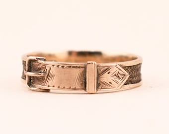 Antieke 9k gouden rouwring met gesp, Victoriaanse haarsieraden