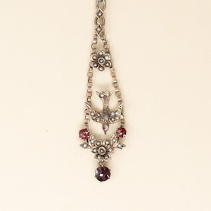 Antique Sterling, Seed Pearl & Garnet Watch Fob - 1900s Edwardian Bird, Flower Fob, Elongated Pendant