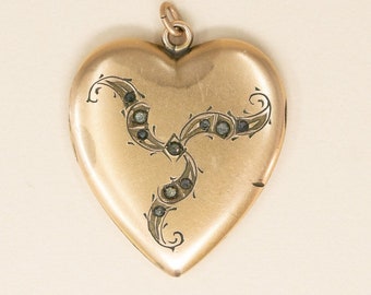 Antique Gold Filled & Glass Heart Locket - 1910s Edwardian Locket, Sweetheart Gift