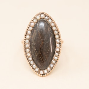 アンティーク 14K ゴールド モーニングリング、シードパール、ビクトリア朝のヘアワーク