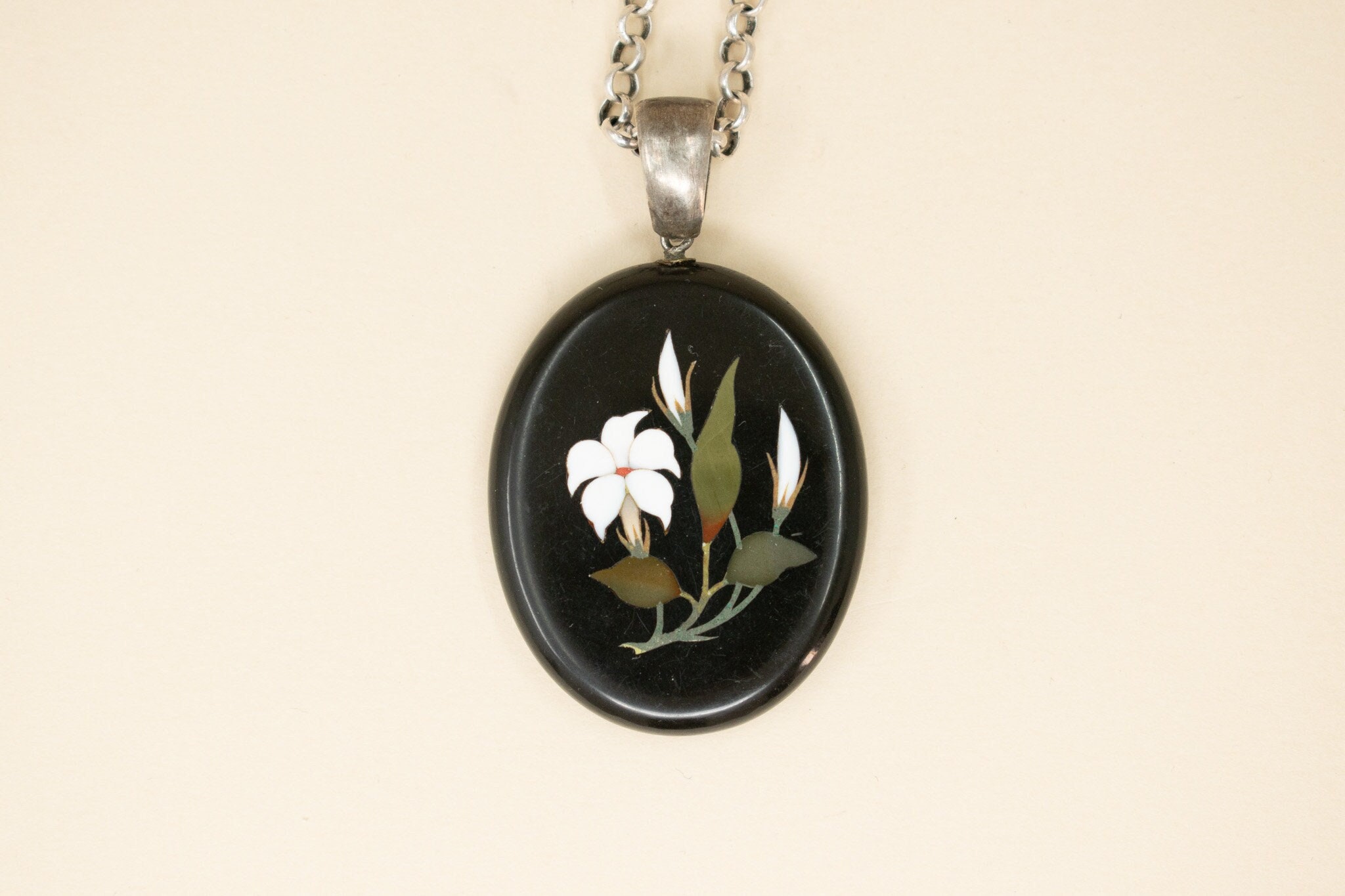 アンティーク Pietra Dure スターリング ペンダント - 1880 年代の