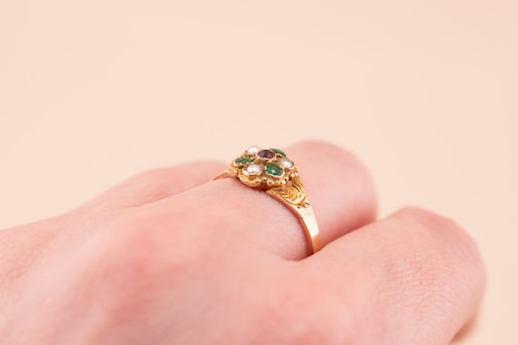 Antique 15k Flower Ring, Emerald, Pearl, Garnet R… - image 6