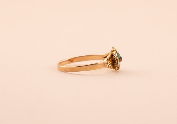 Antique 15k Flower Ring, Emerald, Pearl, Garnet R… - image 4