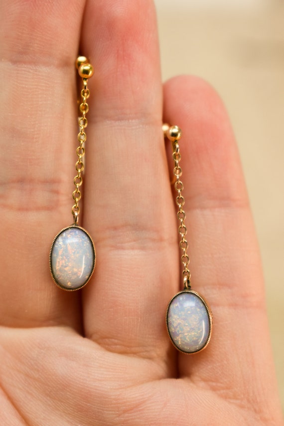 Antique 9k Faux Opal Dangle Earrings - 1910s Edwa… - image 6