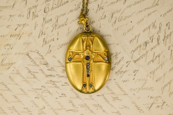 Antique Locket, Gold Filled, Flowers & Cross Lock… - image 1