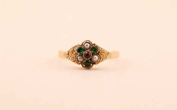 Antique 15k Flower Ring, Emerald, Pearl, Garnet R… - image 1