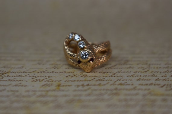 Vintage 14k Snake Ring, Diamonds & Rubies - 1970s