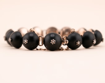 Antique Gilt Sterling Black Glass Bracelet - 1890s Victorian Bracelet, Mourning Jewelry