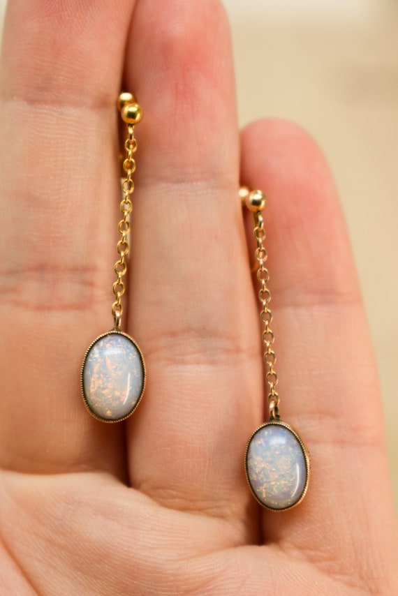 Antique 9k Faux Opal Dangle Earrings - 1910s Edwa… - image 5