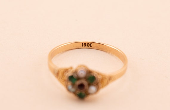 Antique 15k Flower Ring, Emerald, Pearl, Garnet R… - image 5