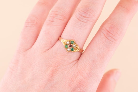 Antique 15k Flower Ring, Emerald, Pearl, Garnet R… - image 7