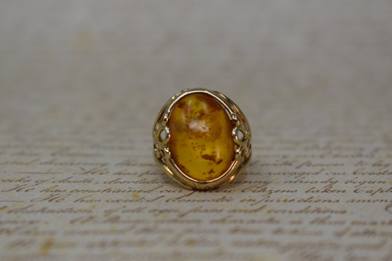 Vintage 10k Amber Ring - 1970s Vintage Amber & Gol