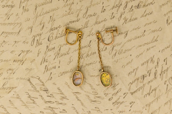 Antique 9k Faux Opal Dangle Earrings - 1910s Edwa… - image 2