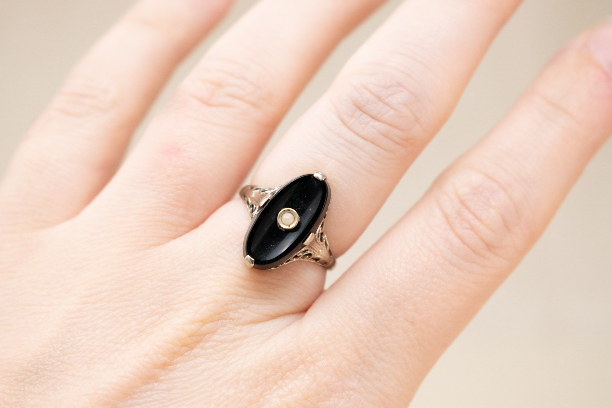 ヴィンテージ 14k オニキス & フェイクパール リング - 1930 年代