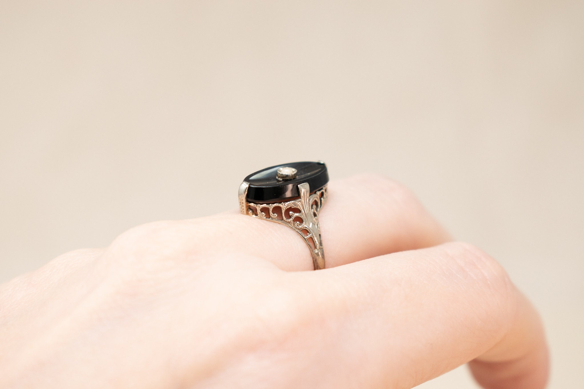 ヴィンテージ 14k オニキス & フェイクパール リング - 1930 年代