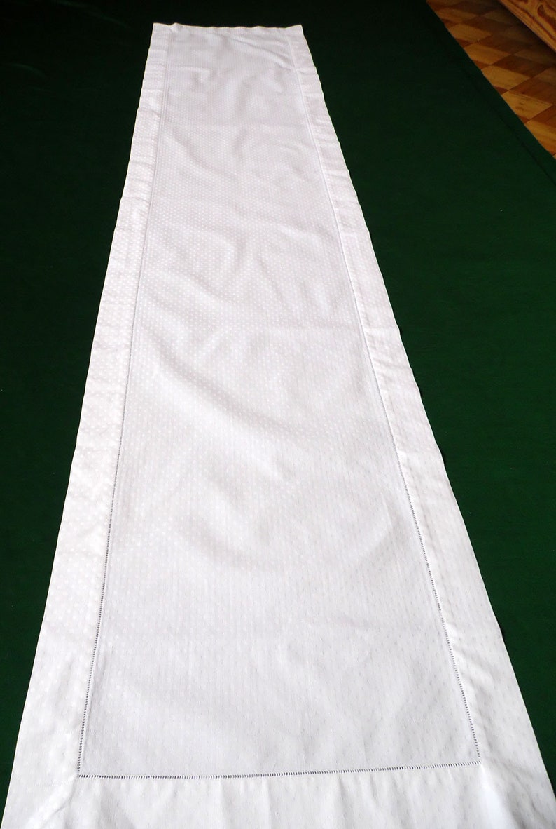 White damask table runner Vintage cotton damask table runner Long white table runner