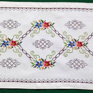 French SHABBY Roses Floral 68" LONG Vtg Embroidered Table Runner Cotton Ecru 