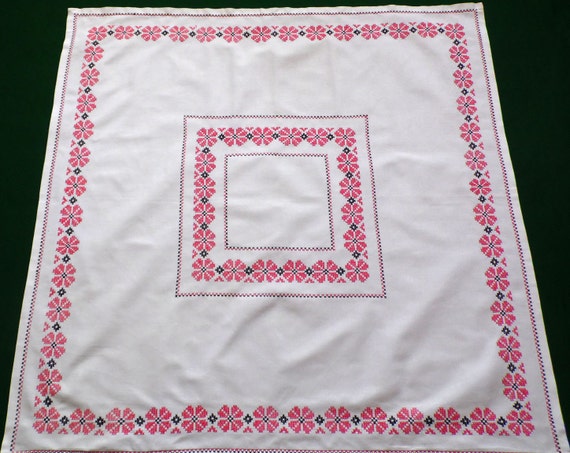 White Vintage Tablecloth or Topper with New Cross Stitch