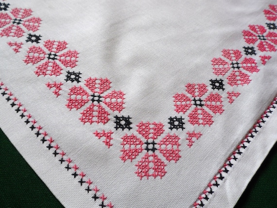 White Vintage Tablecloth or Topper with New Cross Stitch