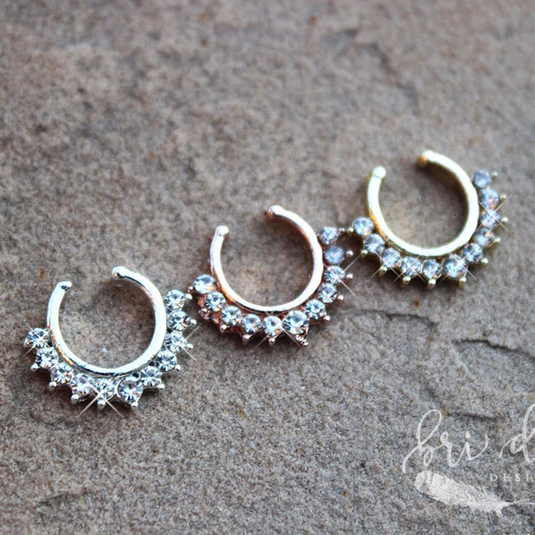 Faux Septum Clicker, Gold Nose, Rose Gold Jewelry, Silver Nose Ring, Septum Ring, Body Jewelry, Crystal Nose, Boho, Fake Nose Ring