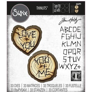 May include: A set of 33 wood-grain themed die cuts for crafting. The die cuts include the letters of the alphabet and the words "Love You" and "You + Me".