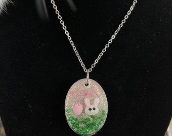 Easter Bunny pendant with silver 24” stainless steel necklace or a gold keychain.